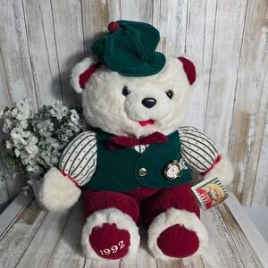 Vintage 1992 Fairview Christmas Bear Family Plush White Teddy Green Vest 1992